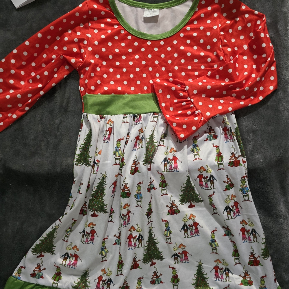 Festive Red Polka Dot and Classic Grinch Print Dress